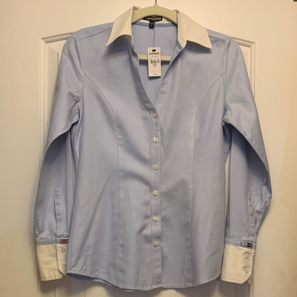 Express Light Blue Blouse with White Accents